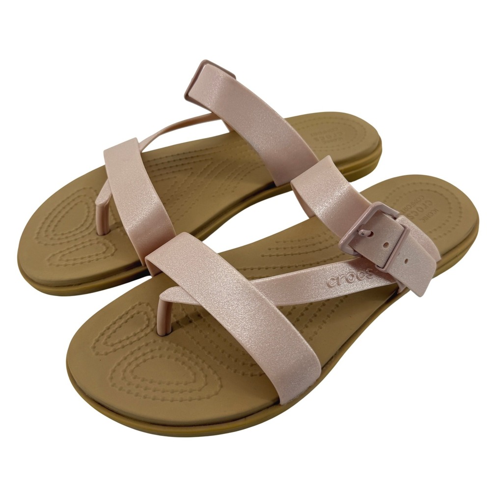 Crocs Tulum Toe Post Sandal Metallic Pink Clay Tan Women 8 Slip On Buckle